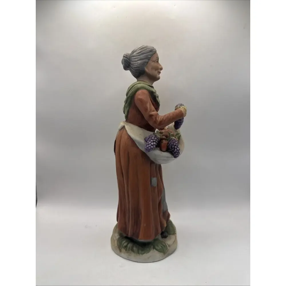Vintage Frankel Porcelain Old Woman Figurine w/ Fruit Grapes Cornucopia Taiwan *